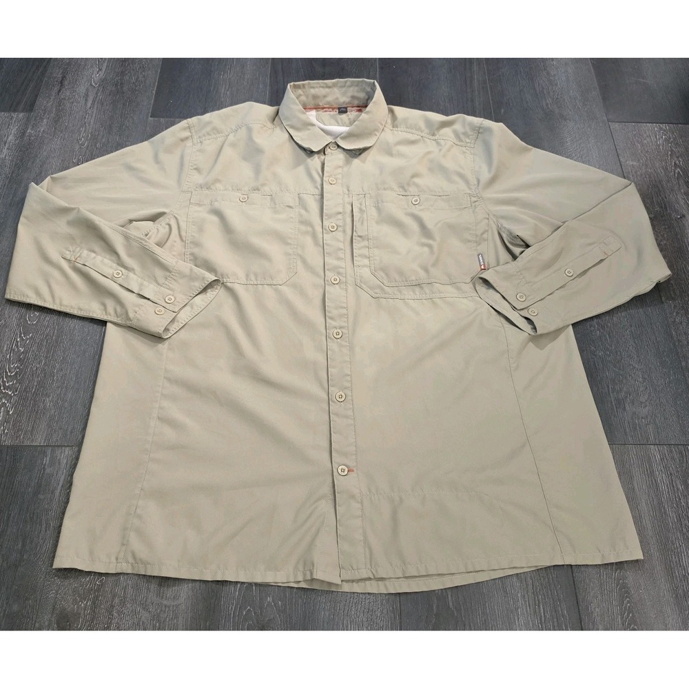 Simms Fishing Shirt Men 2XL Tan Stretch Vented Buttoned Outdoors Long Sleeve